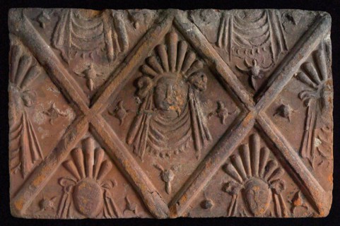 Hearthstone, from Antwerp Belgium, without frame, with mascaron on the window, hearth fireplace component ceramics brick, baked