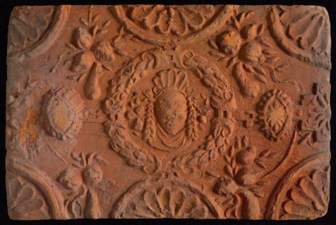 Hearthstone, from Antwerp Belgium, without frame, with mascaron, fireplace hearth part ceramic bricks, baked Hearth stone