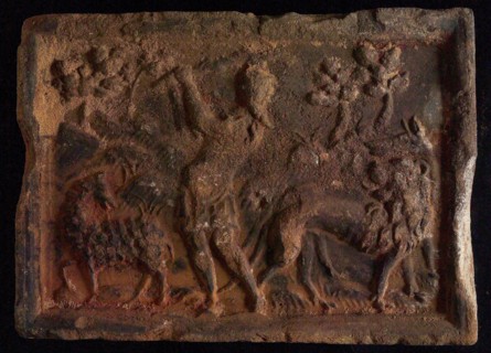 Hearthstone, from Antwerp Belgium, with narrow frame, with good shepherd, fireplace hearth part ceramics brick, fired Hearth