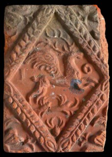 Hearthstone, from Antwerp Belgium, without frame, with winged deer in glass, hearth fireplace component ceramics brick, baked