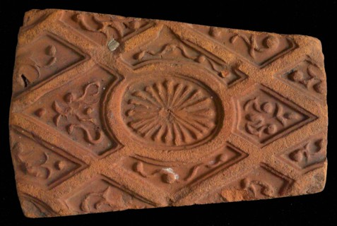 Hearthstone, from Antwerp Belgium, without frame, with rosette in window, hearth fireplace component ceramics brick, fired
