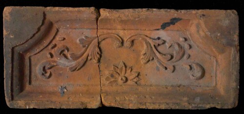 Hearthstone with acanthus leaves, hearth fireplace component ceramics brick, baked Hearth stone with wide frame with bulging