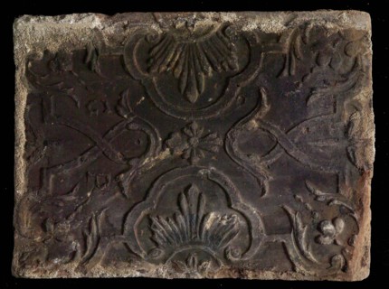 Hearthstone, from Antwerp Belgium, without frame, with rocailles and C-volutes, hearth fireplace part ceramics brick, fired