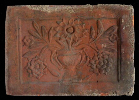 Hearthstone, Luiks, from Luik, Liege Belgium, with wide frame, vase with flowers, hearth stone fireplace part ceramic brick