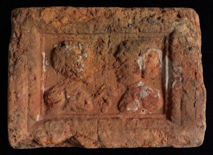 Hearthstone, Luiks, from Luik, Liege Belgium, with wide frame, with male and female head, hearth fireplace part ceramics brick