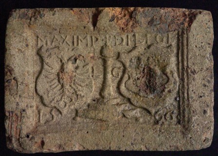 Hearthstone, Luiks, from Luik, Liege Belgium, with wide frame, with perroen and weapons, hearth fireplace component ceramics