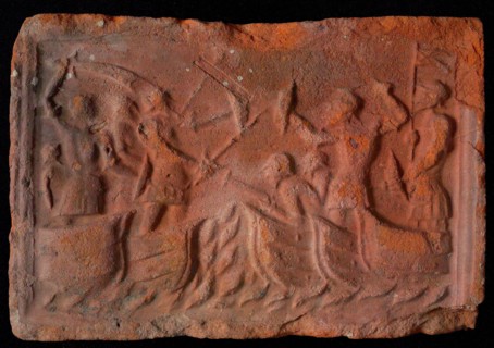 Hearthstone, from Antwerp Belgium, with narrow frame, with sea battle, fireplace stone part ceramic brick, fired Hearth