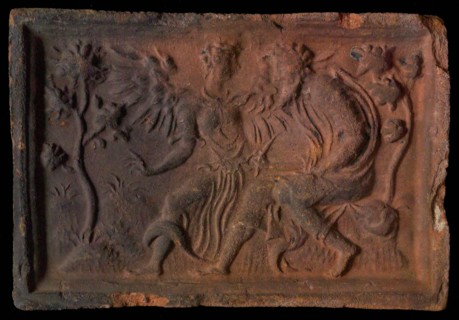 Hearthstone, from Antwerp Belgium, with narrow frame, with evangelist Matthew, fireplace stone part ceramics brick, baked