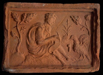 Hearthstone, 'Antwerp', with narrow frame, with evangelist Johannes, hearth fireplace part ceramic brick, fired Hearthstone