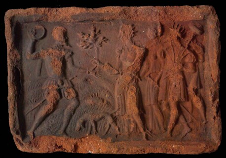 Hearthstone, from Antwerp Belgium, with narrow frame, with Abraham and Melchizedek, hearth fireplace component ceramics brick