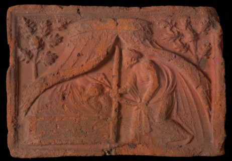 Hearthstone, from Antwerp Belgium, with narrow frame, sleeping Holofernes, hearth fireplace part ceramic brick, fired Hearth