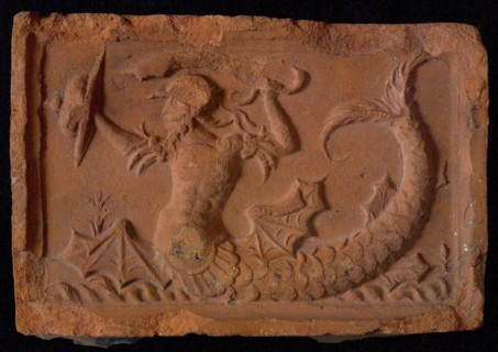 Hearthstone, from Antwerp Belgium, with narrow frame, with merman, fireplace stone part ceramics brick, fried Hearthstone