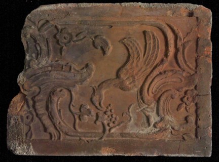Hearthstone, Luiks, from Luik, Liege Belgium, with wide frame, with bird, flowers and grapes, hearth fireplace part ceramics