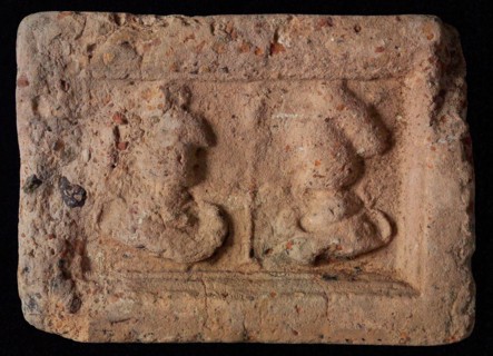 Hearthstone, Luiks, from Luik, Liege Belgium, with wide frame, with male and female head, fireplace hearth part ceramic brick