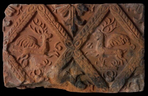 Hearthstone, from Antwerp Belgium, without frame, with winged deer in the window, hearth fireplace component ceramics brick
