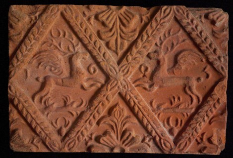 Hearthstone, from Antwerp Belgium, without frame, with winged deer in glass, fireplace stone part ceramic brick glaze, baked