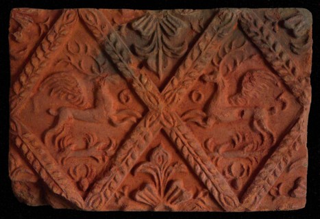 Hearthstone, from Antwerp Belgium, without frame, with winged deer in glass, hearth fireplace component ceramics brick glaze