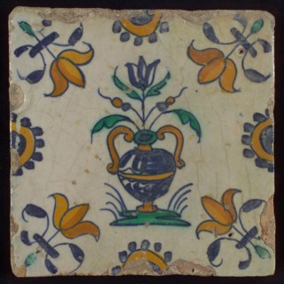Flower tile, flowerpot, half rosette in the middle of the sides, corner pattern lily, wall tile tile sculpture ceramic