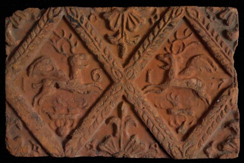 Hearthstone, from Antwerp Belgium, without frame, with winged deer in glass, hearth fireplace component ceramics brick glaze