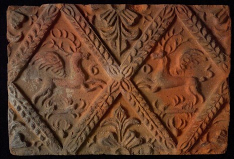 Hearthstone, from Antwerp Belgium, without frame, with winged deer in glass, fireplace stone component ceramics brick glaze