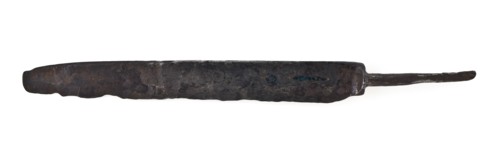Hand-forged blade with baffle plate with pin-shaped angel, blade knife cutlery ground find iron metal, archeology underground