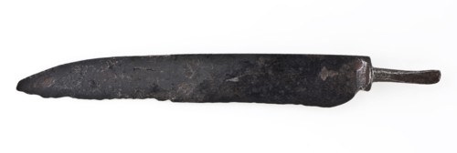 Hand-forged blade with short baffle with angel, marked on blade with crowned V, blade knife cutlery ground find iron metal, mark