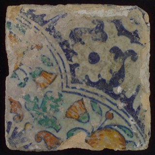 Ornament tile, diagonal ornament in quatrefoil with orange and flowers, palm corner, corner pattern rosette, wall tile