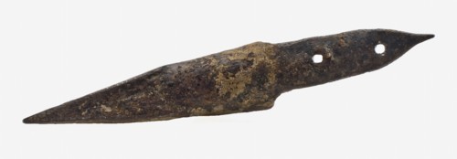 Hand-forged point for pushing or pushing ships, four fixing holes for handle, towing ground founding iron metal, archeology