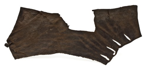 Fragment of low leather shoe, consisting of slanted heel, side with lacing holes and lacing and short back, shoe footwear