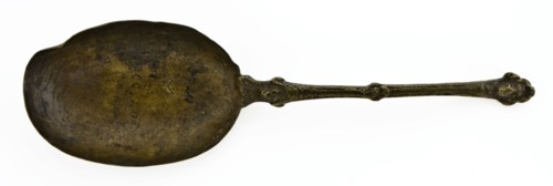 Brass spoon with oval bowl, engraved floral motifs, carved stem with male head, spoon cutlery soil find copper metal, poured