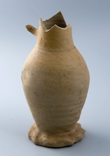 Gray stoneware jug, belly-shaped, on pinched foot, with ear, jug crockery holder soil find ceramic stoneware glaze salt glaze