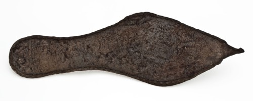 Sole of pointed leather shoe with stitching along edges, sole shoe footwear clothing part soil find leather, archeology