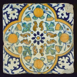 Ornament tile or pompadrain tile, corner pattern palmet, wall tile tile sculpture ceramics pottery glaze, baked 2x glazed