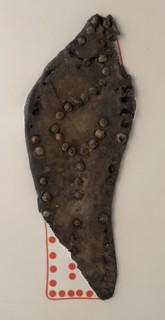 Leather shoe sole with iron nails, Roman, sandal shoe footwear clothing soil find leather iron metal, w 9.5 tanned cut nailed