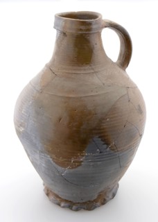 Stoneware jug, large and rounded model with wide band ear, on squeeze foot, jug crockery holder soil find ceramic stoneware