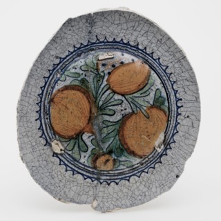 Majolica dish on stand with three pomegranates as performance, dish plate crockery holder soil find ceramic earthenware glaze