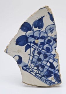 Fragment majolica dish on stand ring with fruit basket in blue, dish plate board plate soil find ceramic earthenware glaze tin