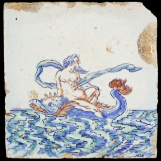 Scene tile, naked man with waving cloth sitting on fish, to the left, in continuous water, wall tile tile sculpture soil find