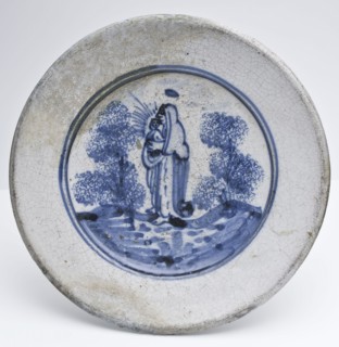 Faience dish with inner double concentric circle Mary with Christ child, dish crockery holder soil find ceramic earthenware
