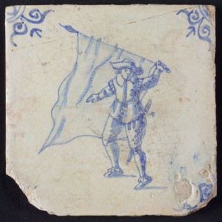 White tile with blue warrior, standard wharf; corner pattern ox head, wall tile tile sculpture ceramic earthenware glaze, baked
