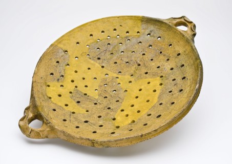 Pottery colander, yellow glazed with decorated horizontal ears, colander kitchen equipment earthquake ceramic earthenware glaze