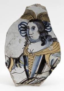 Fragment majolica dish with polychrome portrait of woman, dish crockery holder soil find ceramic earthenware glaze tin glaze