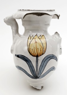 Majolica vase, classic in form, with polychrome tulip as representation, vase crockery holder soil find ceramic earthenware