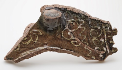Fragment earthenware fire dome, red shard, decorated in sludge technology, fire dome soil find ceramic earthenware clay glaze