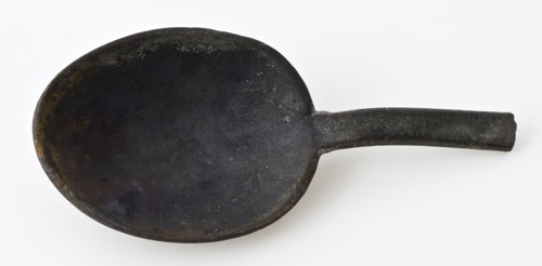 Pewter spoon with oval bowl with in two squares I, spoon cutlery soil find tin metal, die-cut Pewter spoon with oval shovel Flat