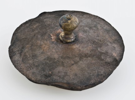Copper lid with knob, lid closure part soil found copper brass metal, whipped cast riveted soldered Copper lid Lightly curved