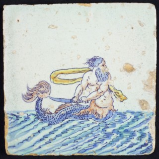 Scene tile, merman with sword and waving cloth to the right, in continuous water, wall tile tile sculpture soil find ceramic