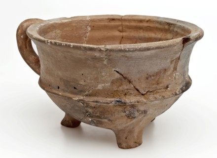 Pottery test on three legs, round model with standing sausage ear, unglazed, fire test test soil finds ceramic pottery, hand