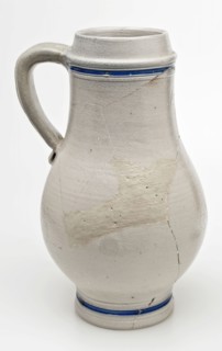 Gray stoneware jug with ear, with blue band around neck and foot, ball model with wide neck, water jug crockery holder soil find