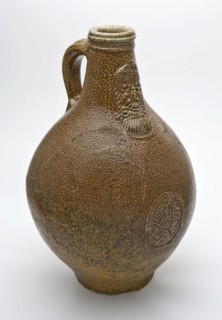 Bartmann jug, also called Bellarmine jug, jug, stoneware with cartouche on the belly, mottled brown glazed, beardmug tableware